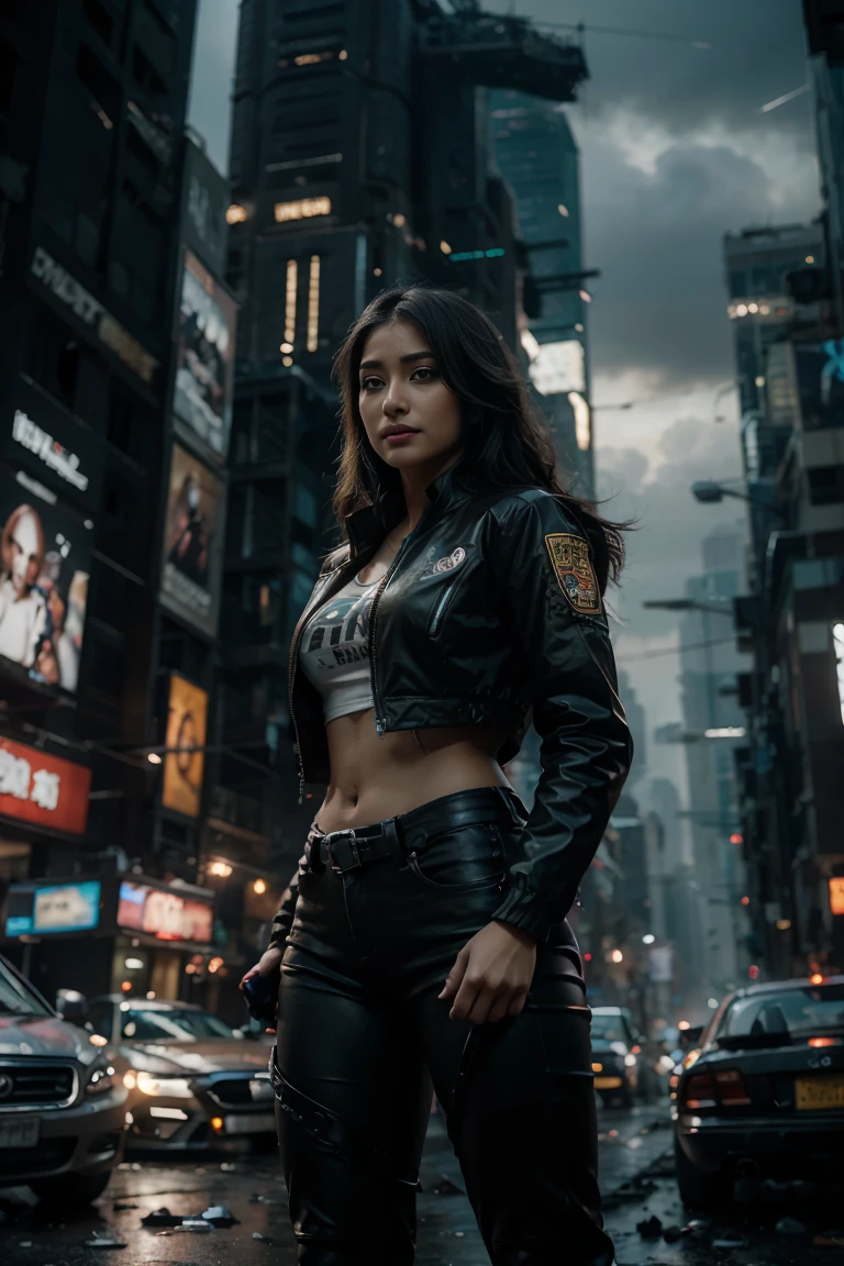 (Highest quality, Ultra HD, 16k, Masterpiece) A powerful girl Pooja Hegde walks confidently in front of her rugged, futuristic car amidst a chaotic and war-torn metropolis. The shot is a medium to long view, capturing her determined presence and the complete surroundings around her. She gazes ahead with a fierce, unyielding expression, embodying strength and resolve. She wears a fitted mecha tshirt under a stylish jacket and jeans pants, her attire blending practicality with a touch of modern flair. The jacket is detailed with guns, rifles, and utility pockets, enhancing her battle-ready appearance. Her hair is tousled and windswept, adding to her dynamic presence. The car behind her is a heavily modified, armored vehicle, its exterior scarred from countless battles. It stands as a testament to her resilience and resourcefulness, with various gadgets and weapons mounted on its frame. The car's sleek, complements the overall gritty atmosphere. In the background, the entire skyline of the metropolis is visible, partially obscured by smoke and ash. Skyscrapers tower amidst the chaos, many of them heavily damaged with gaping holes and crumbling facades. Explosions light up the scene, casting an eerie glow over the widespread destruction. Spaceships hover menacingly in the sky, engaged in fierce aerial battles, their sleek designs contrasting with the devastation below. The ground is littered with debris and remnants of destroyed structures, adding to the sense of a world torn apart by conflict. Scraps of metal, shattered glass, and remnants of vehicles are scattered across the landscape. The lighting is dramatic, with sharp contrasts that highlight the textures of her attire and the metallic surface of her car. The interplay of light and shadow emphasizes the intense expression on her face and the chaos in the background. Hollywood action movie. Action film, ((tshirt)), (((fully covered mecha tshirt))), (((mecha jacket on top))), (((guns))), (((smiling)))