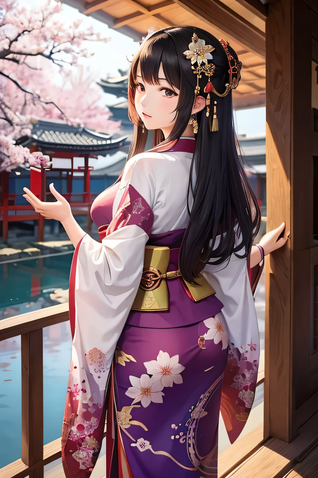 Create an image of Ono no Komachi, the legendary Japanese poet. She should be depicted with her iconic beauty and elegance. Ono no Komachi is dressed in an exquisite Heian-era kimono with flowing layers of rich silk in shades of deep red, purple, and gold, adorned with intricate floral patterns. Her hair is styled in a traditional Heian manner, long and straight, cascading down her back. She has a serene and contemplative expression, reflecting her poetic brilliance. The background should feature elements of classical Japan, such as a tranquil Japanese garden with cherry blossoms or a serene pond, or a traditional wooden pavilion, providing a sense of cultural and historical authenticity.
