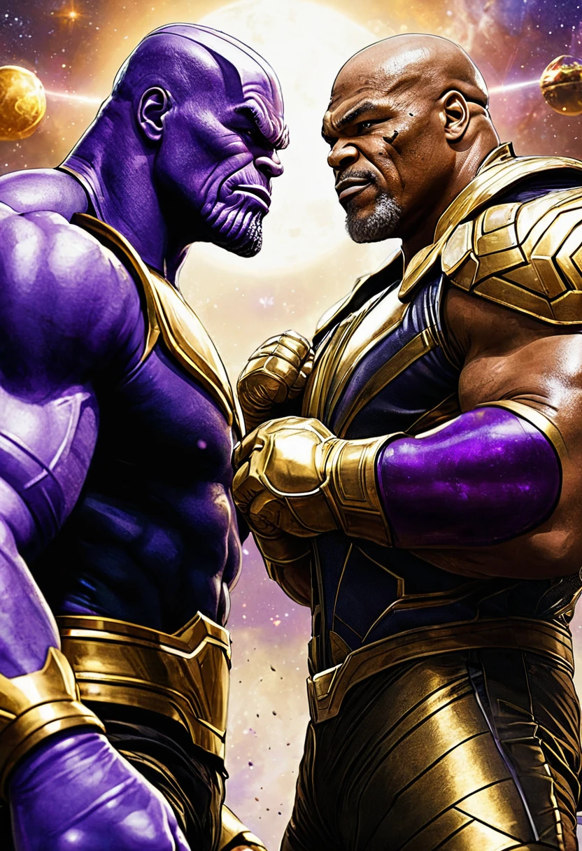 Show me a picture of Mike Tyson hanging out with Thanos, Remember that this is a fictional scenario.