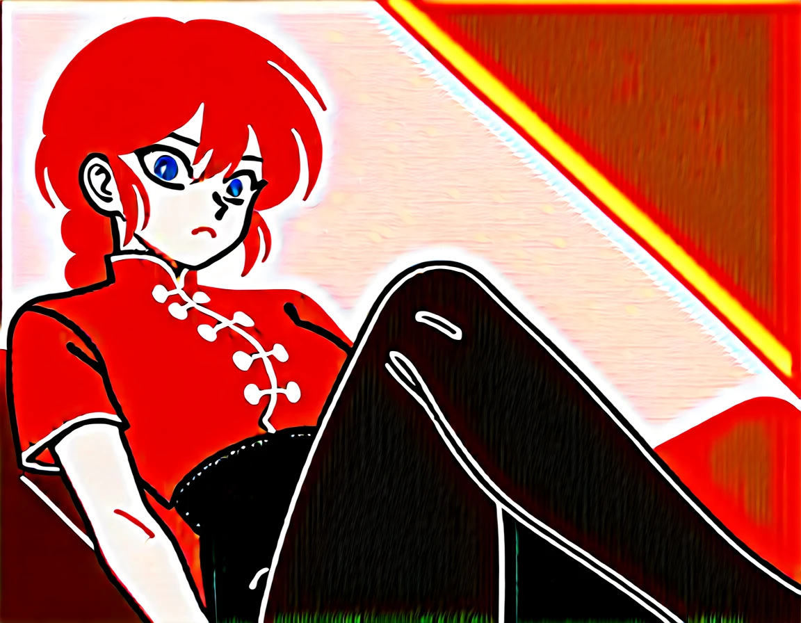 pov, Ranma21, a girl, red hair, braid, red shirt, chinese clothes, shirt, short sleeves, pants, high-waist pants, single braid, long hair, braided ponytail, black pants, crossed legs, looking at viewer, dick flash, penis, foreskin, couch