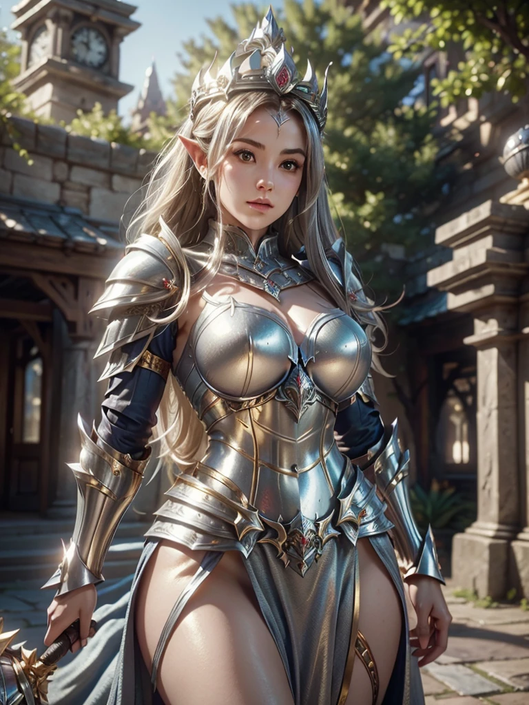 Realistic image cinematic shadows. in the courtyard. of the kingdom. There is Elven Woman Queen, With Crown, Illuminated Face, Hips, Toned, Big Breasts Round and large, ((spruce neckline in a silver armor, gold ornaments)) reflecting the sunlight.