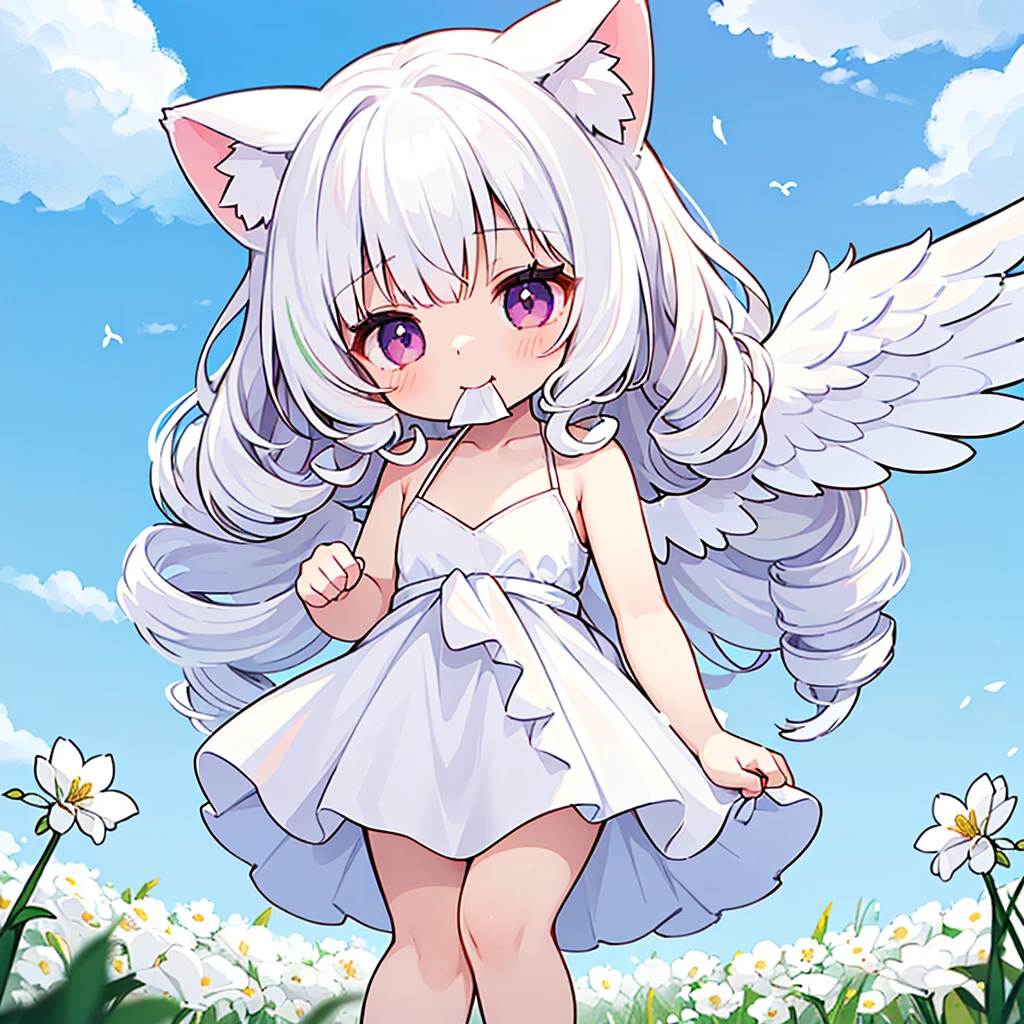 ((One girl)), (Standing diagonally facing forward:1.2), (Slightly bulging chest), (Slightly healthy tanned skin on face:0.7), (reddish-purple eyes, (mouth open with joy:1.5)
BREAK
(White cat ears:1.2), Inside the cat ears is paw-colored,
BREAK
(Pure white hair:1.6), (Softly curled pure white hair:1.6), (The hair under the cat ears behind the side hair flows forward and curls strongly on the collarbone:1.6), (Other hair is devided into several strands:1.6), (divided into several drill hair:1.4), (Hair weighs on her shoulders:1.6), (mideum length hair press down on her shoulders:1.6),
BREAK
(Pure white wings on upper body:1.2), (straight wings:1.3), (wings are small and short like a baby bird:2.0), 
BREAK
(simple dress made entirely of white:1.5), (dress with slightly exposed shoulders:1.1), sleeveless, (waist tied with string:1.3), (plenty of gathers below the waist:1.4), (dress reaches the knees:1.6), petticoat is white or absent,
BREAK
(wide green grassland:1.6), (lots of white flowers:1.6), (wide clear blue sky:1.4)