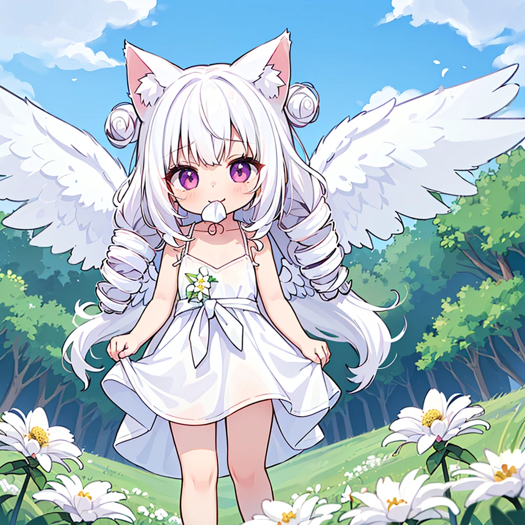 ((One girl)), (Standing diagonally facing forward:1.2), (Slightly bulging chest), (Slightly healthy tanned skin on face:0.7), (reddish-purple eyes, (mouth open with joy:1.5)
BREAK
(White cat ears:1.2), Inside the cat ears is paw-colored,
BREAK
(Pure white hair:1.6), (Softly curled pure white hair:1.6), (The hair under the cat ears behind the side hair flows forward and curls strongly on the collarbone:1.6), (Other hair is devided into several strands:1.6), (divided into several drill hair:1.4), (Hair weighs on her shoulders:1.6), (mideum length hair press down on her shoulders:1.6),
BREAK
(Pure white wings on upper body:1.2), (straight wings:1.3), (wings are small and short like a baby bird:2.0), 
BREAK
(simple dress made entirely of white:1.5), (dress with slightly exposed shoulders:1.1), sleeveless, (waist tied with string:1.3), (plenty of gathers below the waist:1.4), (dress reaches the knees:1.6), petticoat is white or absent,
BREAK
(wide green grassland:1.6), (lots of white flowers:1.6), (wide clear blue sky:1.4)