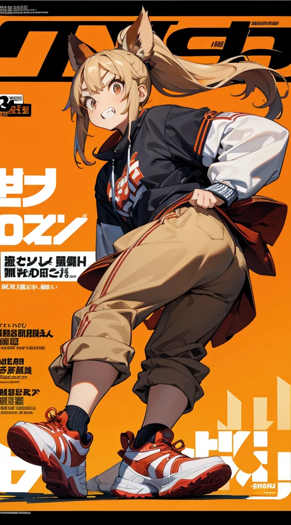 A character based on a chestnut boar, サイバーパンク, Wearing big sneakers, Magazine Cover, Simple Background, long hair, ponytail, crazy, tsurime, crazy eyes, clenched teeth, projected inset, UHD, best quality, highres, 8k