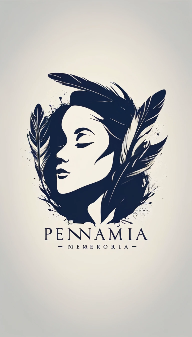 A minimalist, fantastic, poetic, dreamy, captivating, memorable, masterpiece, modern, simple logo design of a boy and a feather for the brand “Penamemoria". The logo must convey a sense of music, stories and dreams. Minimalistic logo design of a boy and a feather.