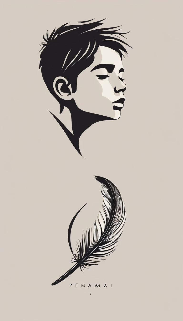A minimalist, fantastic, poetic, dreamy, captivating, memorable, masterpiece, modern, simple logo design of a boy and a feather for the brand “Penamemoria". The logo must convey a sense of music, stories and dreams. Minimalistic logo design of a boy and a feather.