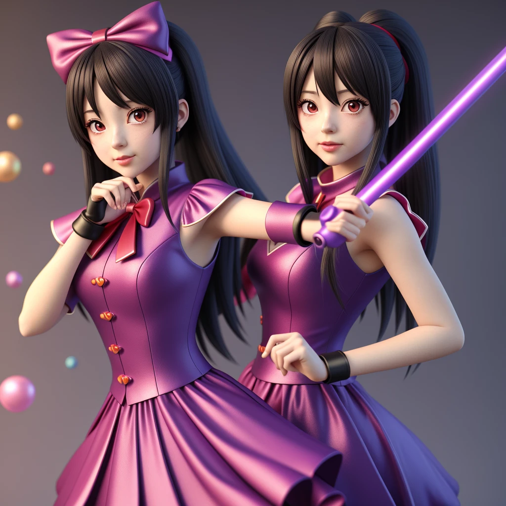 anime - style girl with a purple cape and red dress holding a wand, anime styled 3d, render of a cute 3d anime girl, cute! c4d, stylized anime, y 2 k cutecore clowncore, bubbly, bubble goth, cute 3 d render, kawaii hq render, anime stylized, 3d anime girl, high res render, blur background