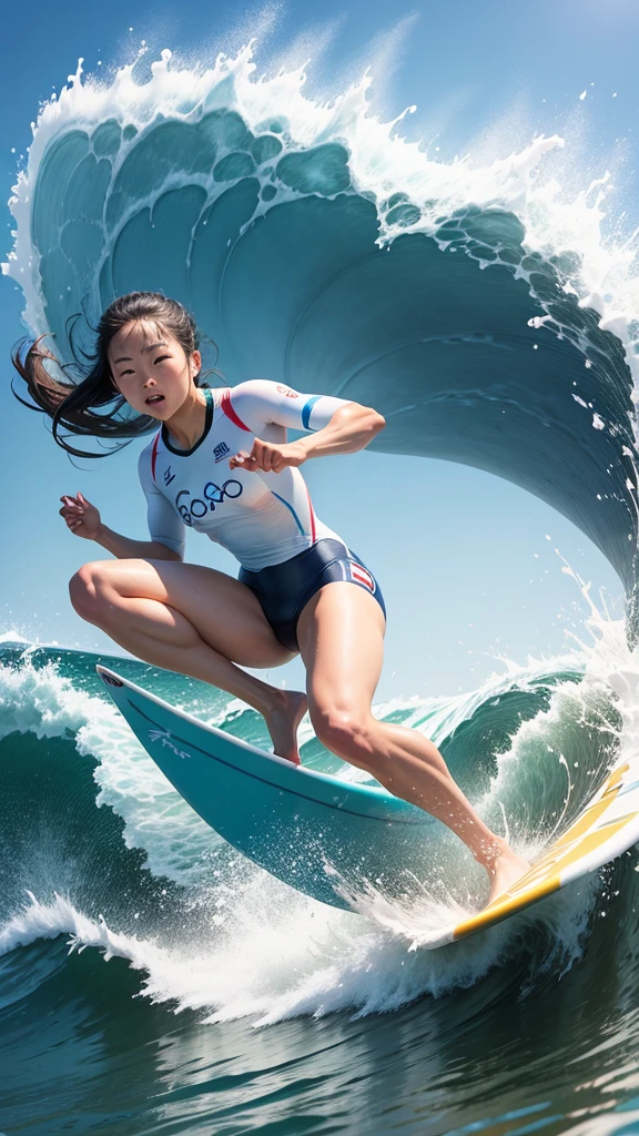 Competing in surfing at the Olympics。