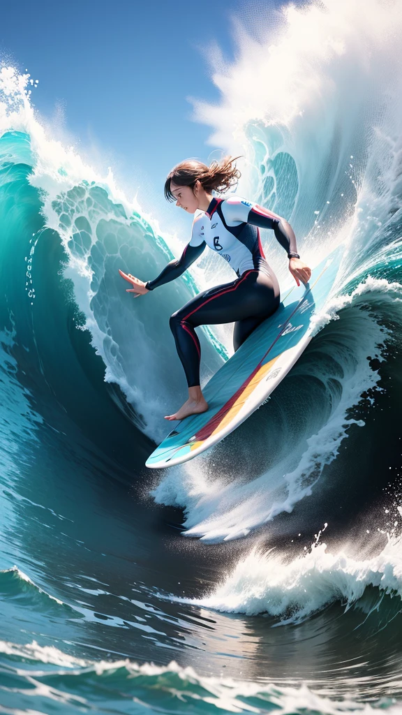 Competing in surfing at the Olympics。