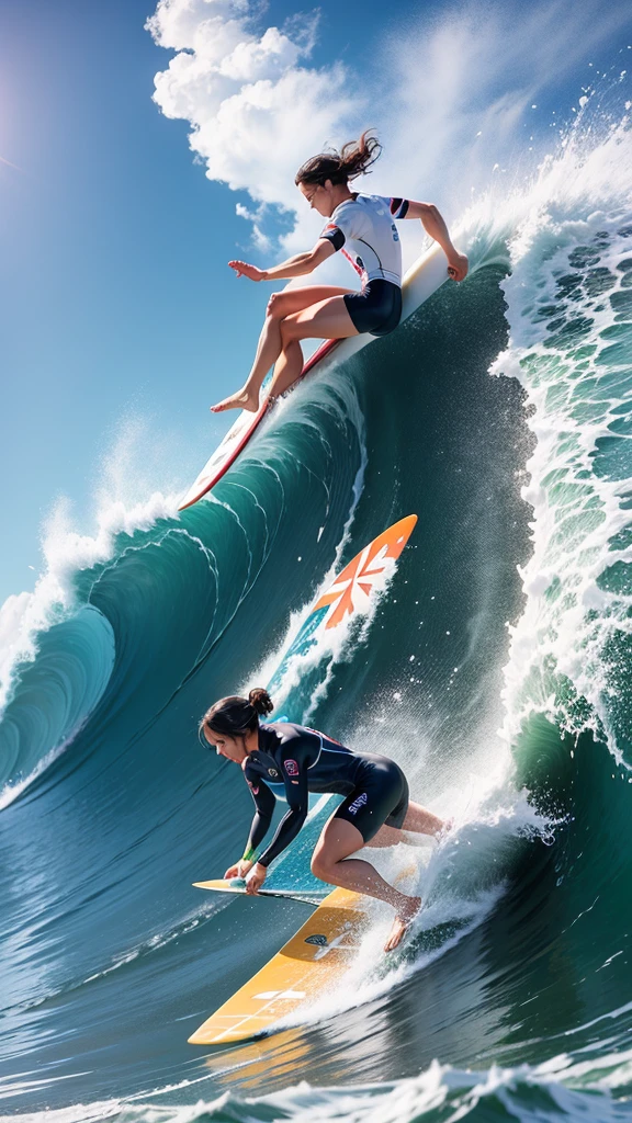 Competing in surfing at the Olympics。