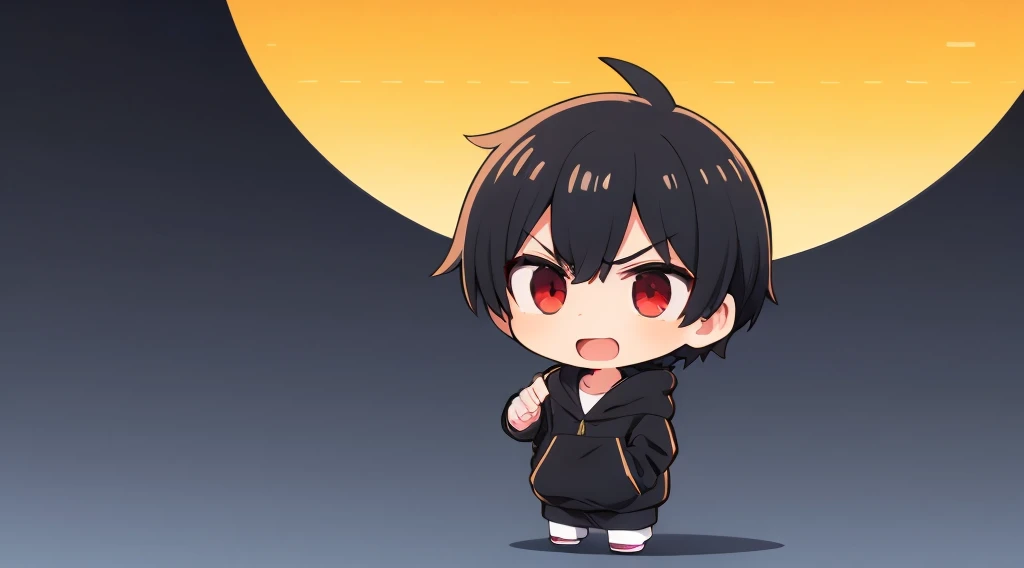 1boy,chibi,hoodie,red eye, black hair, head ,halftone background,open mouth, angry smile