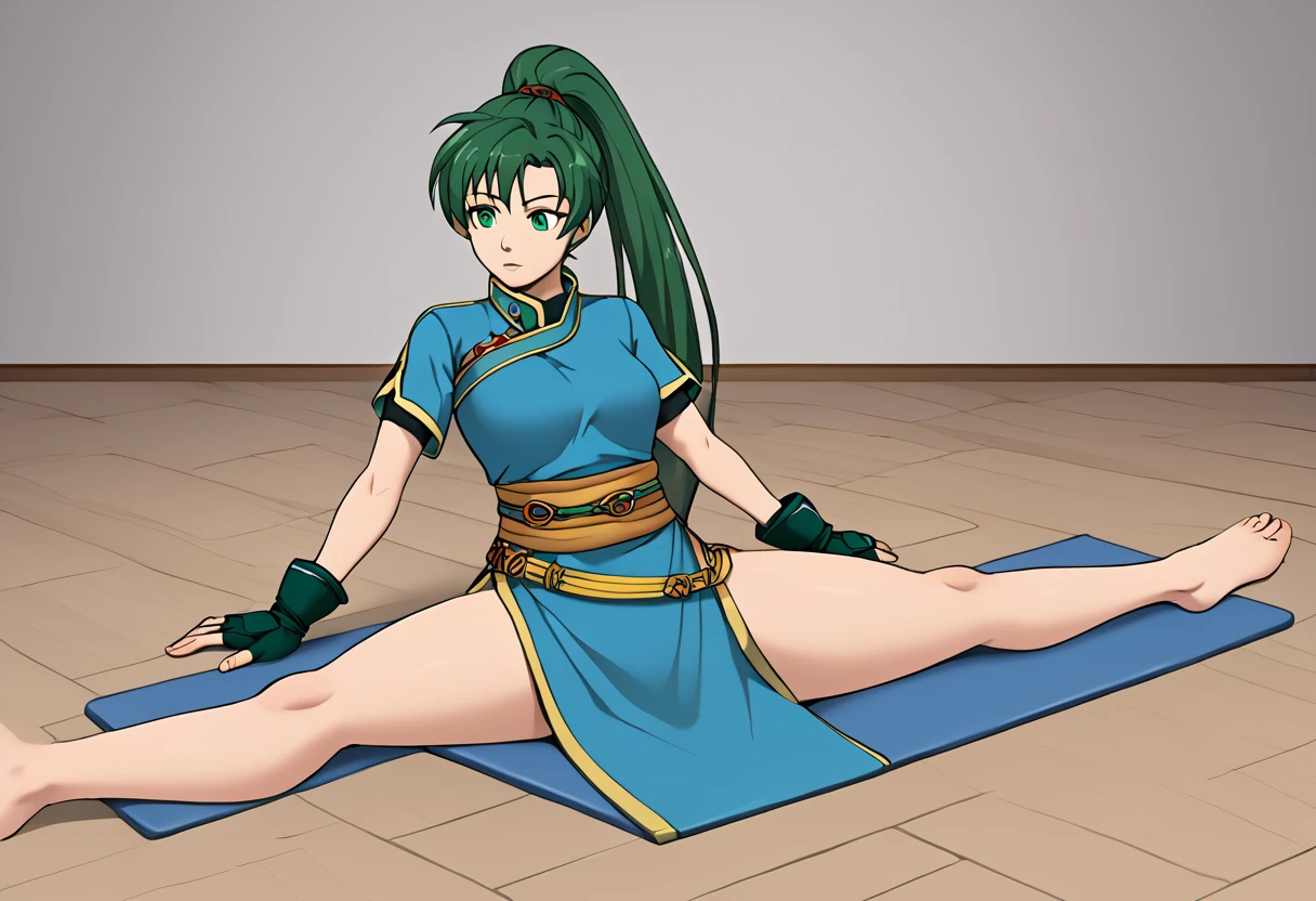 defLyn, green hair, high ponytail, blue dress, short sleeves, sash, side slit, fingerless gloves, 1girl, solo,  Sitting, On the floor, Split Horizon, stretch, horizontal splits, stretch regs, hands on floor, yoga mat