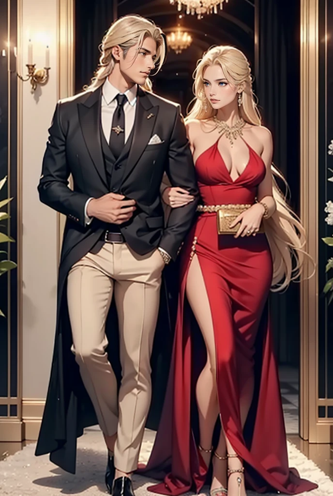 A tall, handsome, statuesque, masculine, adult man is a golden-haired blonde, dressed in an expensive branded business suit, long straight platinum hair, blue eyes, long bangs, he hugs an incredibly beautiful young femme fatale blonde, she is dressed in a luxurious thin silk bright red dress, with open shoulders, thin berets with with rhinestones, the dress highlights her perfect figure, long golden hair gathered in a beautiful hairstyle decorated with pearls, beautiful branded jewelry, high-heeled shoes, a clutch bag. They are in love with each other. Full-length image. An expensive restaurant. A romantic setting.