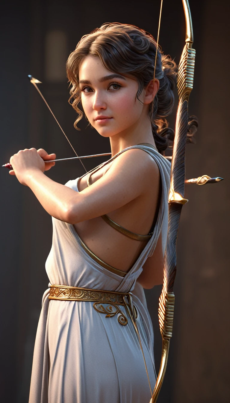 ((Masterpiece, top quality, high resolution)), ((highly detailed CG unified 8K wallpaper)), Cupid holding a bow, arrow tip shaped like a heart, aiming at viewer, full body, fluttering thin robe wrapped around body, photorealistic