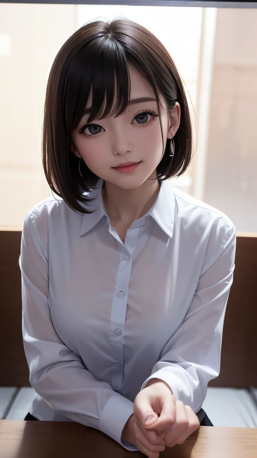 (8k、Highest quality、masterpiece:1.8、bangsのあるショートボブヘア:1.8、Everything is beautifully detailed)、(Genuine、Genuineistic:1.5)、Very detailed、1 girl、cute、alone、Sitting、 (smile:1.15)、(Shut your mouth.)、big breasts、Looking into the camera、Looking into the camera胸、{gigantic|big|huge|mega} breasts, cleavage、Beautiful and beautiful eyes、big, Round eyes、Transparent double eyelids、eyelash、lips、(Collared shirt:1.6)、(short hair:1.2)、bangs、Long neck、smile、Shut your mouth.、cute face、Genuineistic skin types、Genuineの質感、Unbutton、淡いピンクのlips、There's Genuinely no background、Genuinely pure white background、28 years old,Natural light、上lipsが厚くない