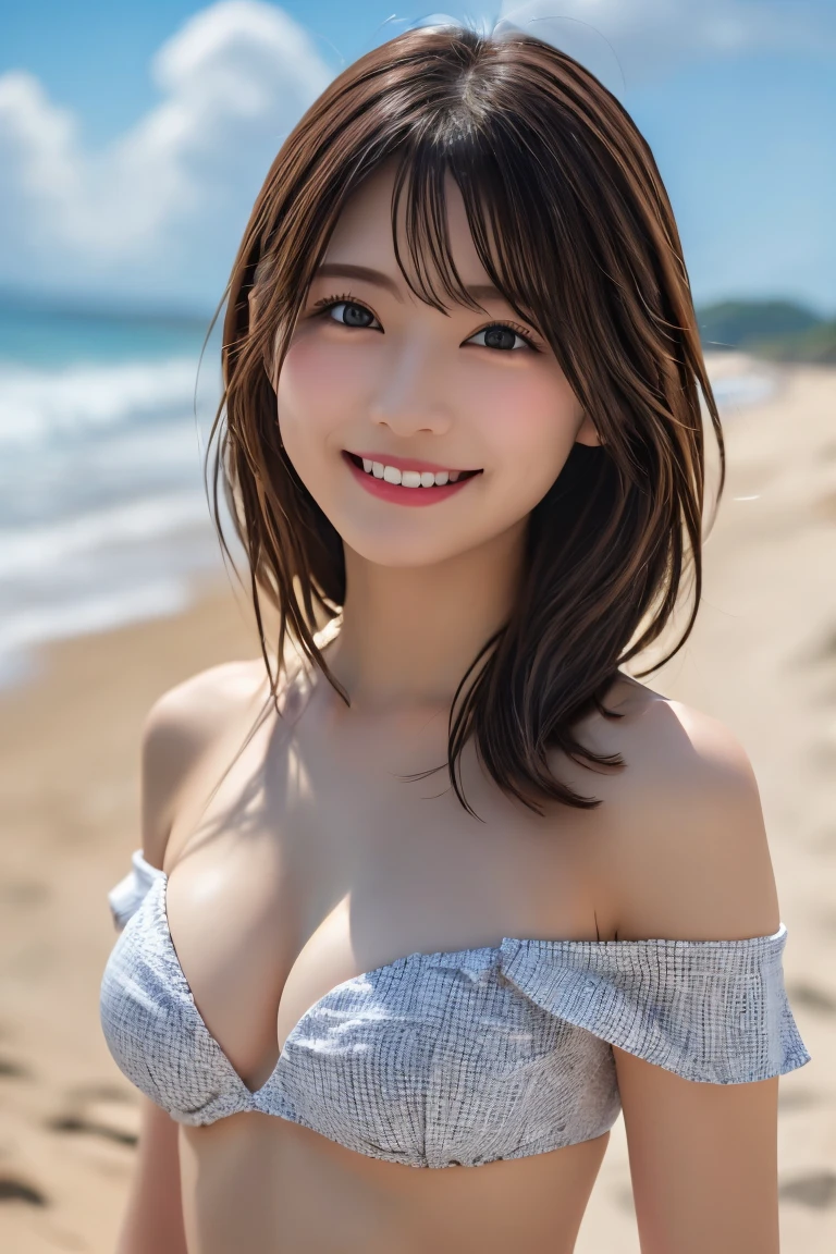 Highest quality、 Very detailedな、High resolution、8k wallpaper、Perfect dynamic composition,、Beautiful Eyes、Completely naked、Natural color lip、((sexy shot looking at camera))、(Highest quality: 1.3), (masterpiece: 1.3), (Very detailed: 1.3)、((Japanese Idols))、very cute、bangs、Long Hair、************、((Huge breasts:1.3))、Ocean、Sandy Beach、Squint your eyes and laugh、shut up.、expensive、