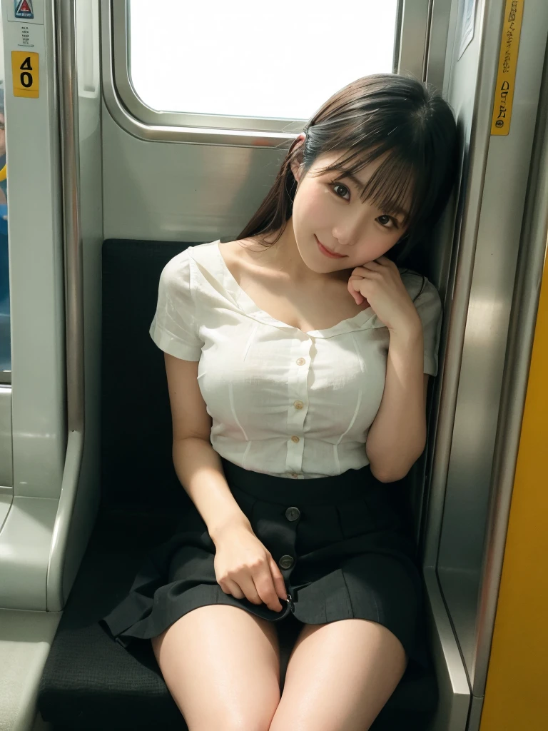 smile,one japanese woman,(masterpiece, Highest quality, 8K, RAW Photos, beautifully、aesthetic:1.2),  Intricate details, indirect lighting, Realistic,
whole body, Sitting on a chair on the train、Staring at the viewers、Voyeur、
 Square neck button-down linen sundress, 
 Training women , Chair to sit under skirt,