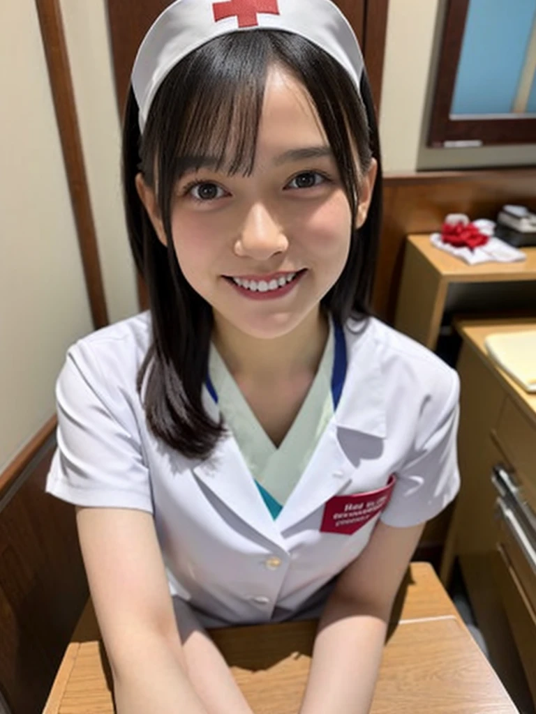 (8k, RAW Photos, Highest quality, masterpiece), (Realistic, photoRealistic: 1.37), Very detailed, Ultra-high resolution, Girl 1, , Beautiful and elaborate face, smile, teeth, (Feather Cut: 0.6), Nurse uniform, panties, Professional Lighting, Detailed room, indoor, hospital、district、Full body photo, Neat、Whole Body Ezbian、White socks、Floral、hospitalのベッドに座っている