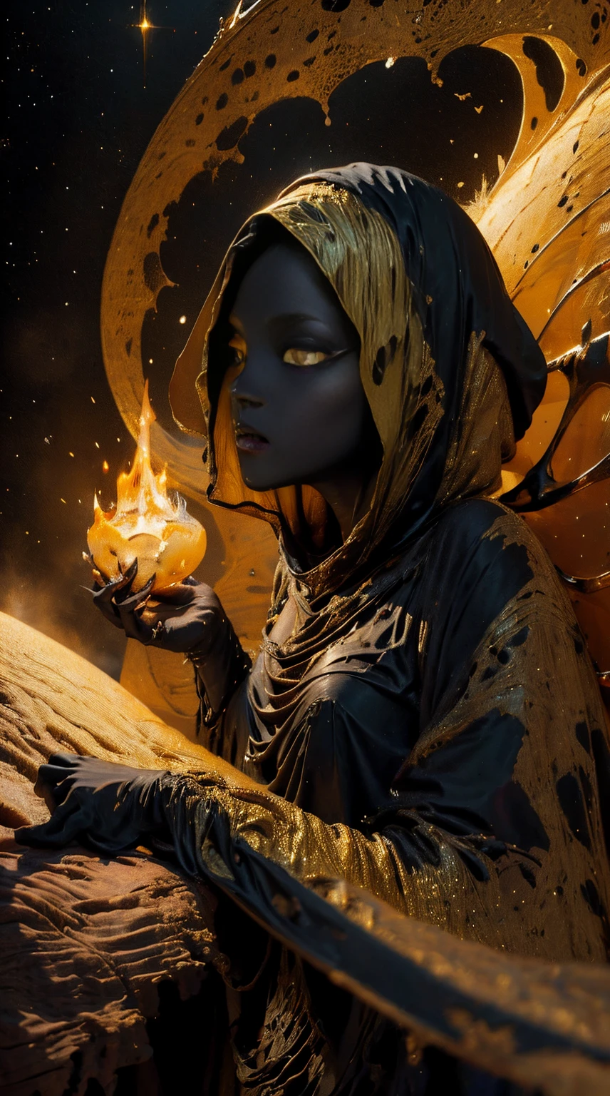 (body formed by galactic liquid mauevine and black metallic paint twisting into a beautiful interpretation of the female figure), au naturel,((complex galactic metallic colours in the foreground)), (( fluid mechanics, the loveliest smooth scale face makeup, smirky expression)) - red, black and gold, onyxia, metallic color palette g0s1