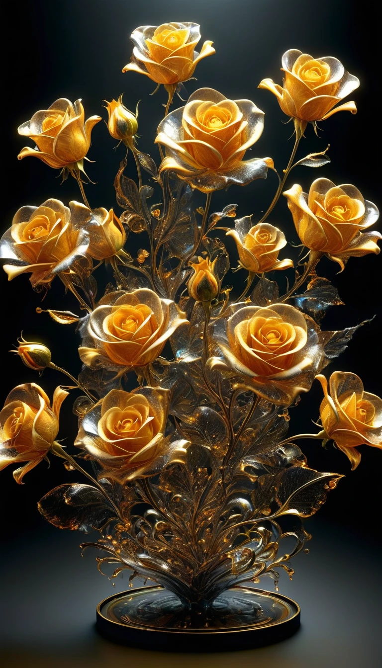 create the most breathtaking (32k masterpiece, best quality:1.2) photorealistic image, seven rose hearts (with long intertwined stems) hollow glass poured with liquid gold from the stem, petals fractales qui se dissolvent dans l'air, fractal details, gradient black background, diffusion of reflected light, organic,bioluminescent, energy, Alive, spectacular, ethereal, volumetric light, sub-surface Scattering, jeu de transparence