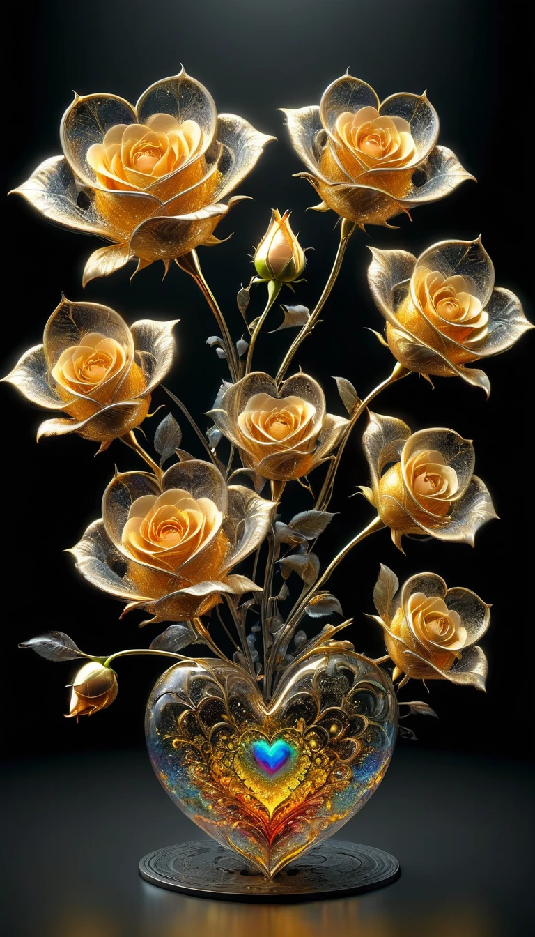 create the most breathtaking (32k masterpiece, best quality:1.2) photorealistic image, seven rose hearts (with long intertwined stems) hollow glass poured with liquid gold from the stem, petals fractales qui se dissolvent dans l'air,  fractal details, gradient black background, diffusion of reflected light, organic,bioluminescent, energy, Alive, spectacular, ethereal, volumetric light, sub-surface Scattering, jeu de transparence 