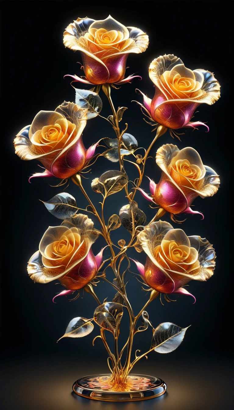 create the most breathtaking (32k masterpiece, best quality:1.2) photorealistic image, seven rose hearts (with long intertwined stems) hollow glass poured with liquid gold from the stem, petals fractales qui se dissolvent dans l'air,  fractal details, gradient black background, diffusion of reflected light, organic,bioluminescent, energy, Alive, spectacular, ethereal, volumetric light, sub-surface Scattering, jeu de transparence 