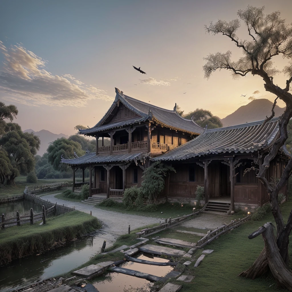 masterpiece, high quality, high resolution,8k, chinese painting ,, Withered vines, aged ((trees)), dusk ((crows)) cawing free,, ((a small bridge)), flowing water, (((a humble dwelling))), (a horse:1.6),, Westward blows the chilly wind on ((an ancient path)),, As the sun sets, my heart aches with a lonely wrath,,