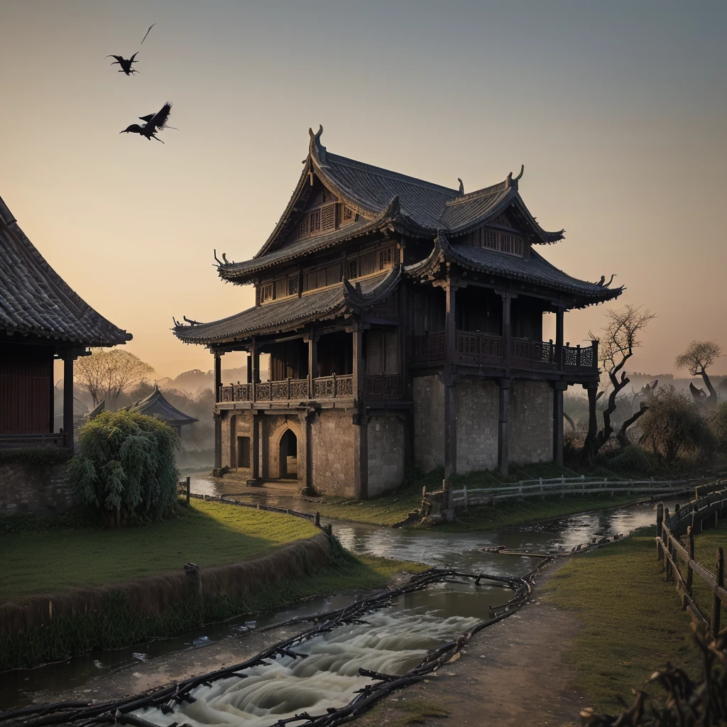 masterpiece, high quality, high resolution,8k, chinese painting ,, Withered vines, aged ((trees)), dusk ((crows)) cawing free,, ((a small bridge)), flowing water, (((a humble dwelling))),  (a horse:1.6),, Westward blows the chilly wind on ((an ancient path)),, As the sun sets, my heart aches with a lonely wrath,, 