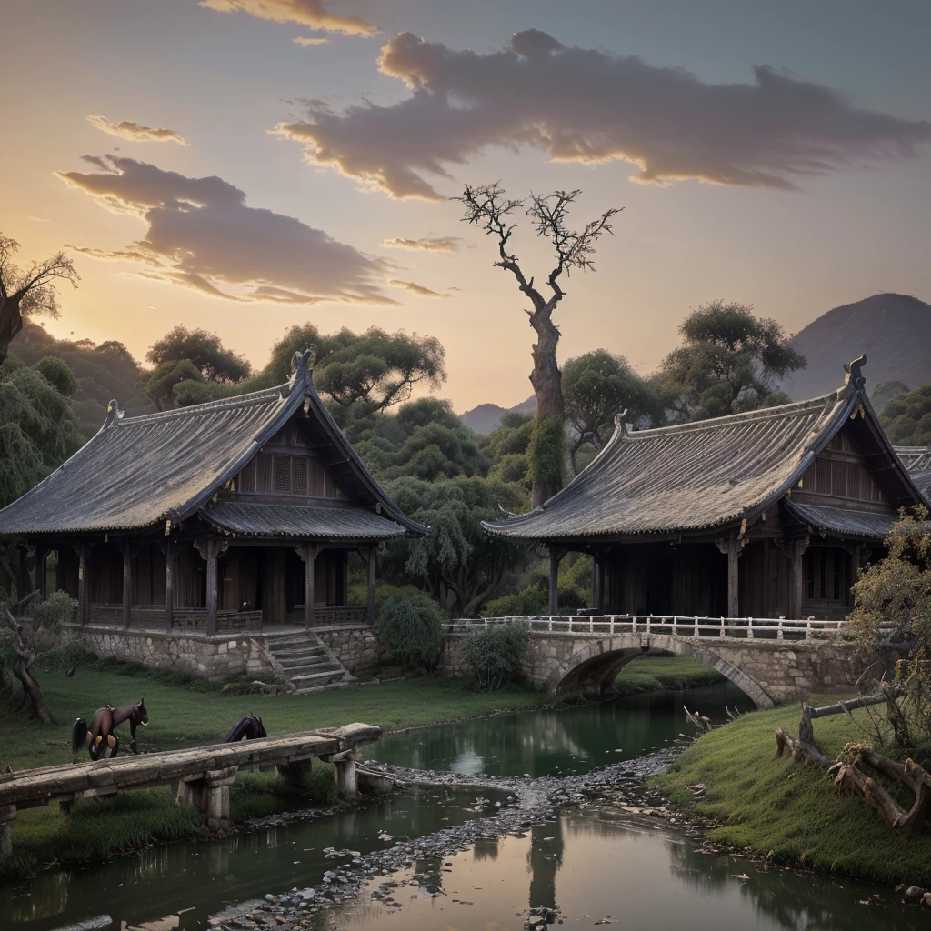 masterpiece, high quality, high resolution,8k, chinese painting ,, Withered vines, aged ((trees)), dusk ((crows)) cawing free,, ((a small bridge)), flowing water, (((a humble dwelling))),  (a horse:1.6),, Westward blows the chilly wind on ((an ancient path)),, As the sun sets, my heart aches with a lonely wrath,, 