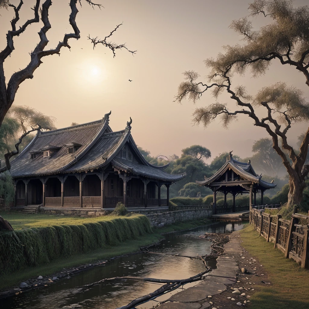 masterpiece, high quality, high resolution,8k, chinese painting ,, Withered vines, aged ((trees)), dusk ((crows)) cawing free,, ((a small bridge)), flowing water, (((a humble dwelling))), (a horse:1.6),, Westward blows the chilly wind on ((an ancient path)),, As the sun sets, my heart aches with a lonely wrath,,