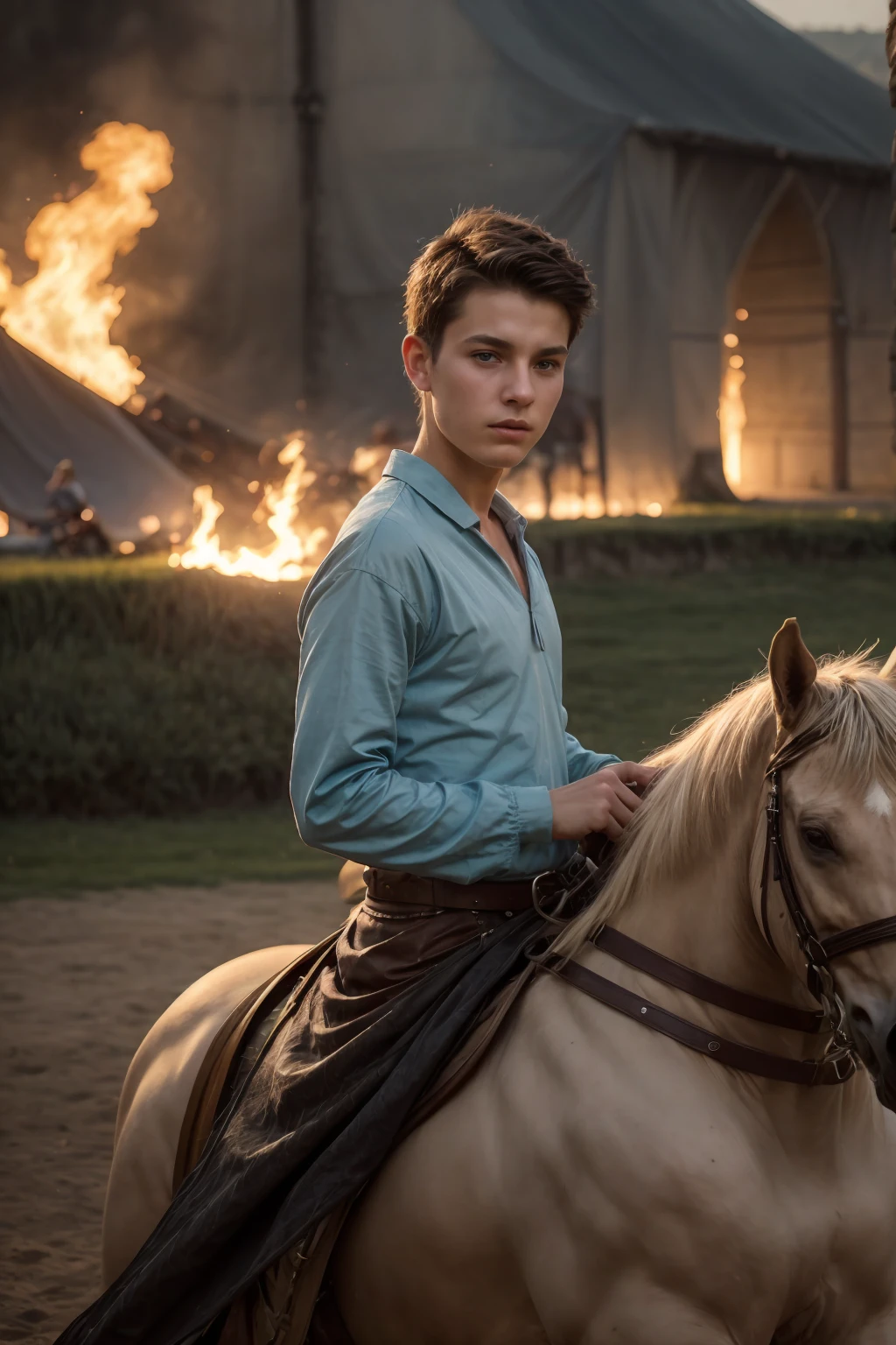 A young male twink, 18 years old, with a cute angel face, with makeup and black hair, wearing a medieval shirt with ties, a v-neck, and long sleeves, aquamarine in color, and white medieval pants. He is on the battlefield, riding on a horse, as if the horse is galloping. He is carrying his sword and shield in his hand, and behind him are tents burning with flames of fire, and he looks angrily