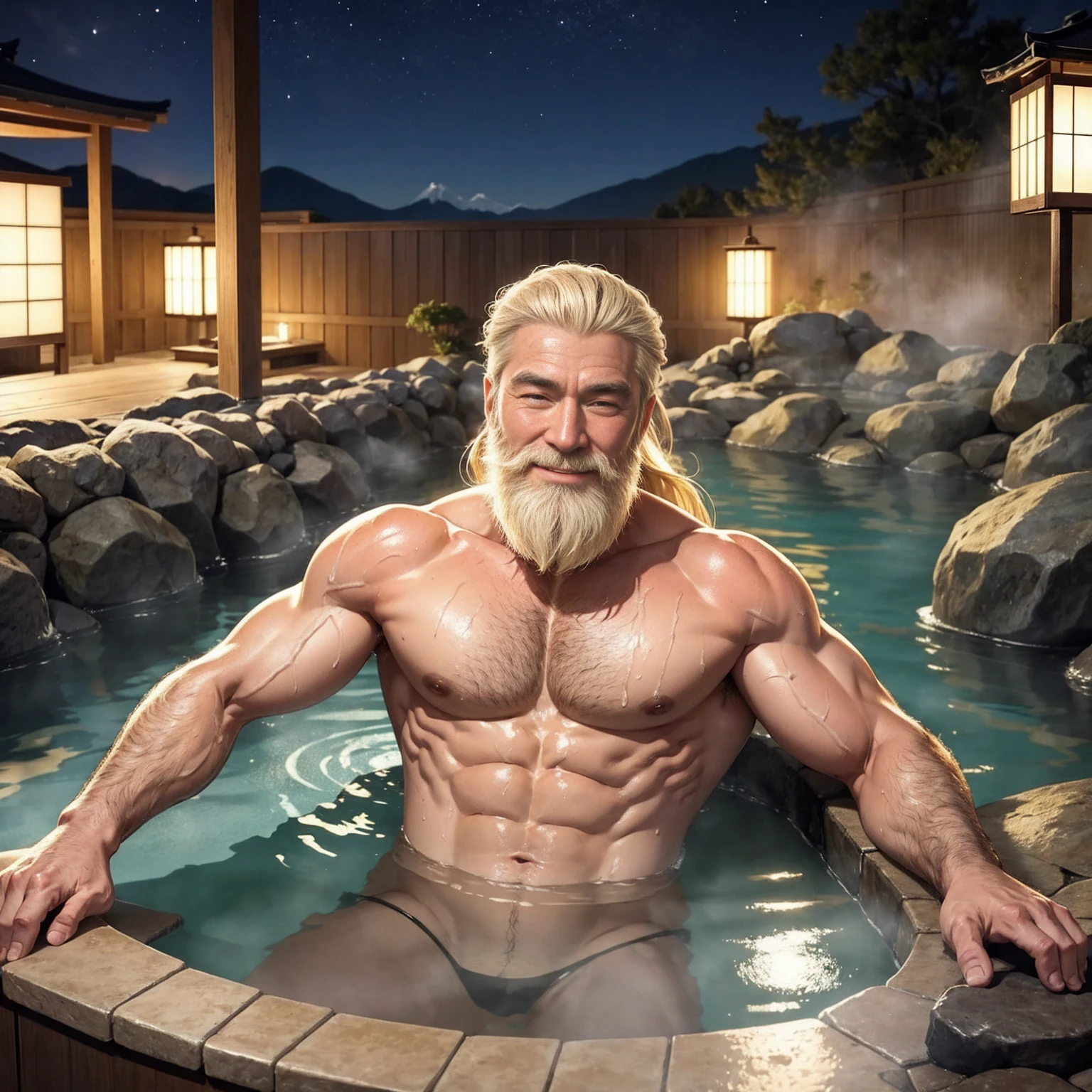 night,Japanese hot springs,muscle,a mature man,beard,Blonde,Long Hair,Taking a bath in a hot spring,smile