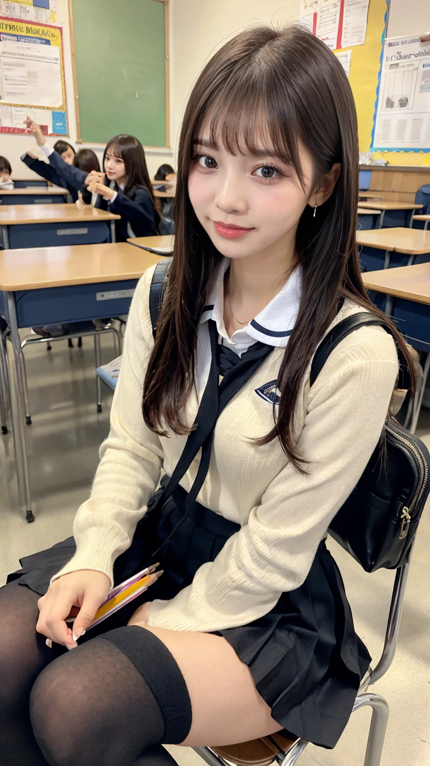((masterpiece, Highest quality)),Best aesthetics,One girl, , machine, Sitting, school machine, Black hair straight, classroom, Long Hair, indoor, Chair, View your viewers, :p, Focus Only, Brown eyes, mini skirt, Long sleeve, pencil, 1 boy, pencil case, paper, Seraph of the Black, Multiple Girls, Pleated skirt, Sailor collar, bangs, Headrest, school bag, school Chair,smile,(pussy:1.4),Knee-high socks,Black underwear