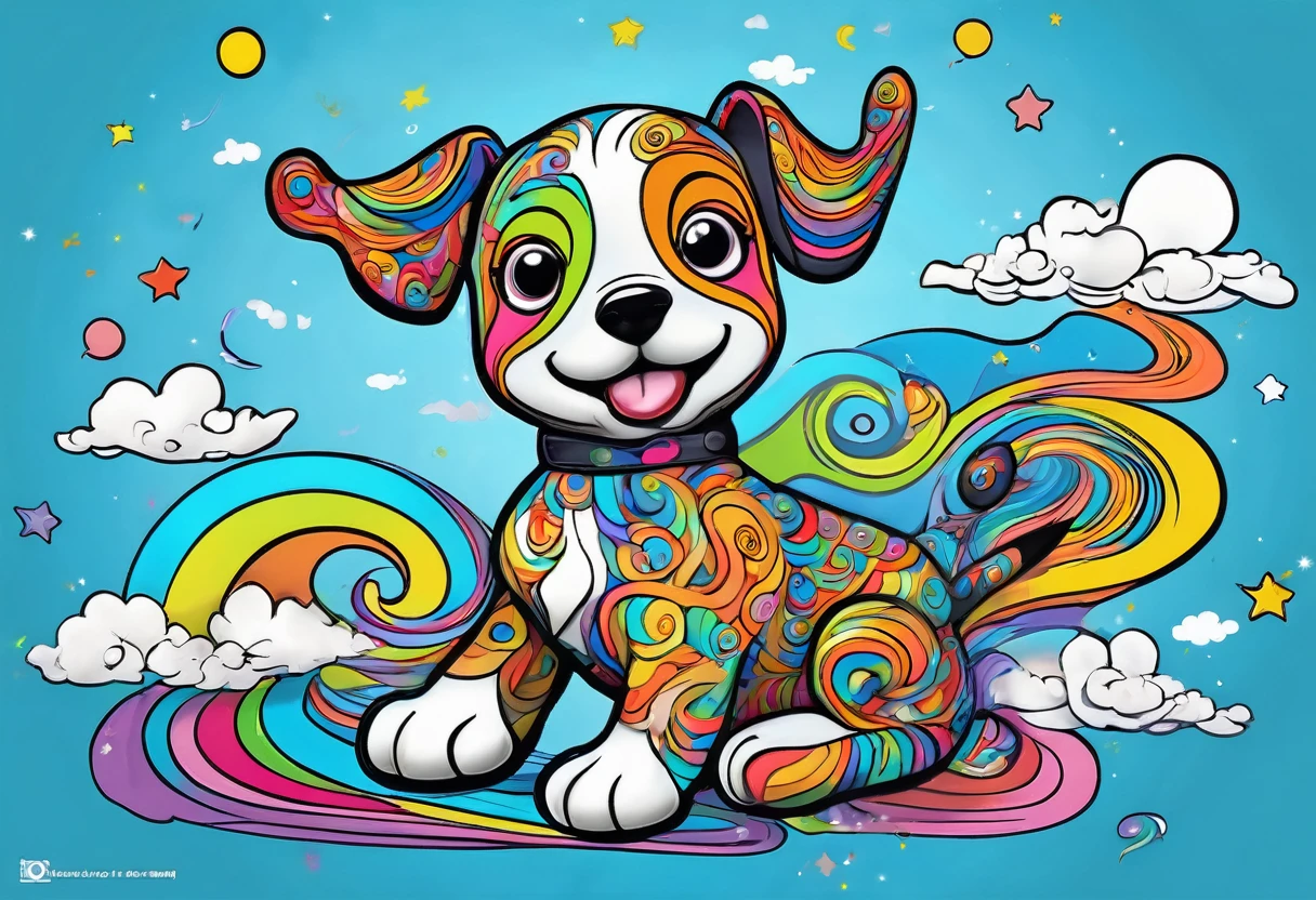 Swirly art puppy character, fly in the sky、Detailed outline, cute, Art Brut Style, Dynamic pose, whimsical expression, Bright and vibrant colors, Dynamic Lighting, Digital Painting, masterpiece, (Highest quality,4K,8k,High resolution,masterpiece:1.2),Very detailed,(Realistic,photoRealistic,photo-Realistic:1.37)