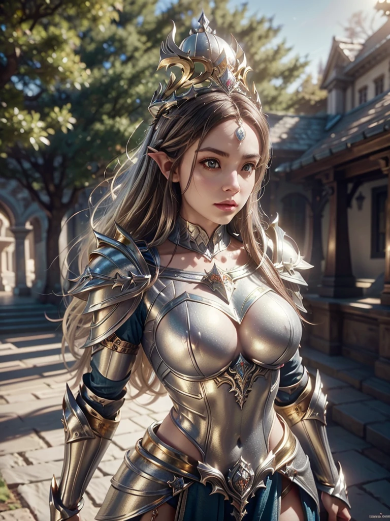 Realistic image cinematic shadows. in the courtyard. of the kingdom. There is Elven Woman Queen, With Crown, Illuminated Face, Hips, Toned, Big Breasts Round and large, ((spruce neckline in a silver armor, gold ornaments)) reflecting the sunlight.