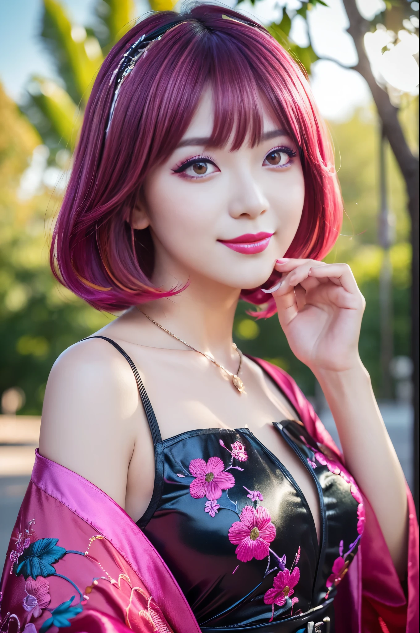 (masterpiece:1.4), (best quality:1.4), ultra high res, ultra high resolution, ((detailed facial features)), HDR, (realistic, photorealistic, photo-realistic:1.37), full body Esbian, sexy Japanese model, (-anime), only 1 model, vivid colors, ((vivid colors multicolor (fuchsia, pink, light blue, purple) very short hair)), (happy smile), lip-gloss, long lashes, ultra detailed metallic makeup, defined eyebrows, wearing a red silk Paradise Kiss cosplay dress with black floral embroidery, ((vivid colors outfit)), vivid colors, look at the camera, cinematic light, large park background with trees, sweet and sexy pose