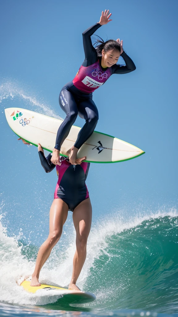 Competing in surfing at the Olympics。