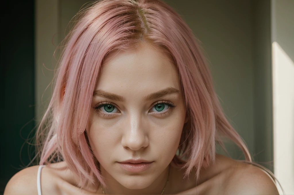 masterpiece, Best quality, 1 girl, pink_hair, green_eyes, ,