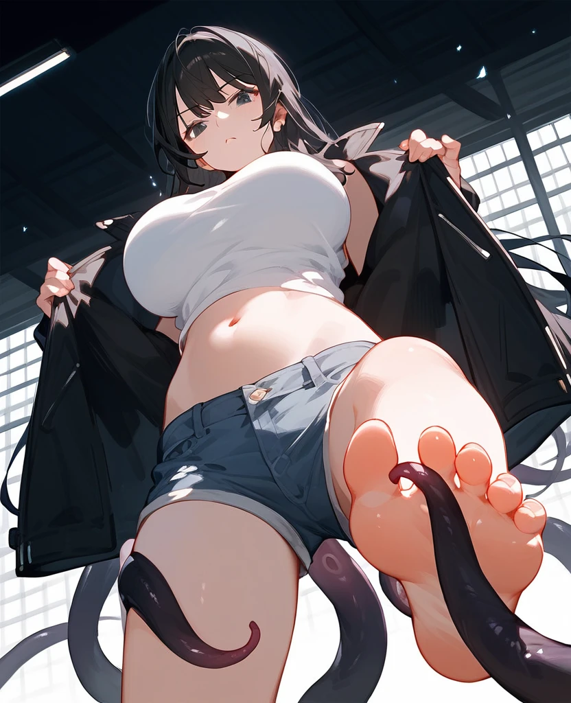 wallpaper,1 名妇女露出脚Low Angle,Low Angle,barefoot,Soles,Foot Focus,Soles出汗,Soles滴水,White belly button tank top,Mature,Wearing a black jacket,Bangs, Long hair,Black Hair,齐Bangs, Denim shorts,Anatomically correct, Big breasts(g),Eyes on the audience,Contempt,There are many black tentacle-like tails behind it.