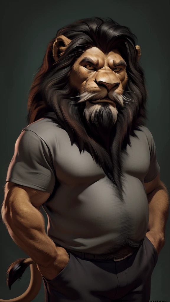 by chunie by catsudon by retros, male,ridiculuous,((Angry)),((middle aged male)),((Bearded)),((Mustache)), felid, solo, ((Lion,tail)),(Black hair), facial hair, facing viewer, ((Highly detailed face)), (((Grandpa Figure))), ((smilling)), red and orange abstract background, ((grey shirt)),((short pants)),, ((((wise)))),((DILF)),