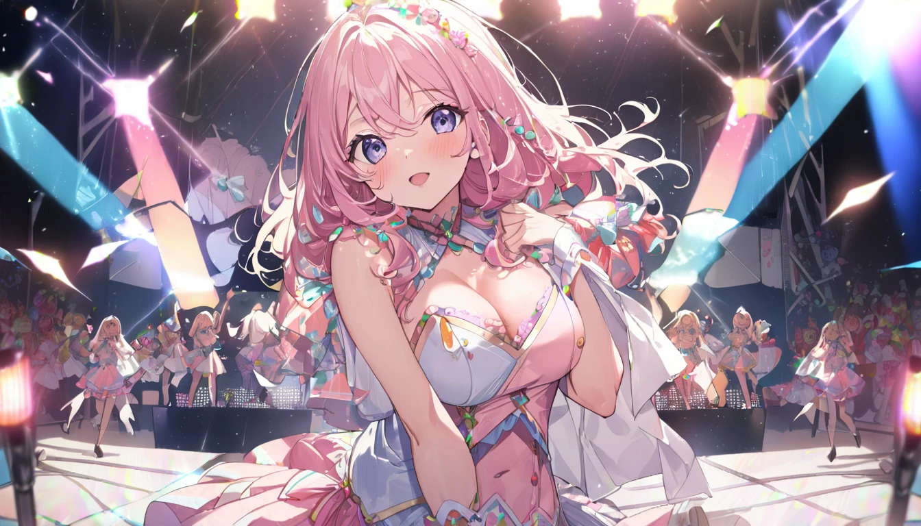 masterpiece, Highest quality, Beautiful face and eyes in every detail, Two Girls, Cute idol, Cool Idol, Event Stage, Cool idol costumes, sing, Laughter,(hyper Huge breasts:1.8)(shirtlift:1.8),(nipple:1.3),(Top view:1.4),(Side by side:1.7),(slouch:1.7),(Accentuate the cleavage:1.8),(Semen in the cleavage:1.5),