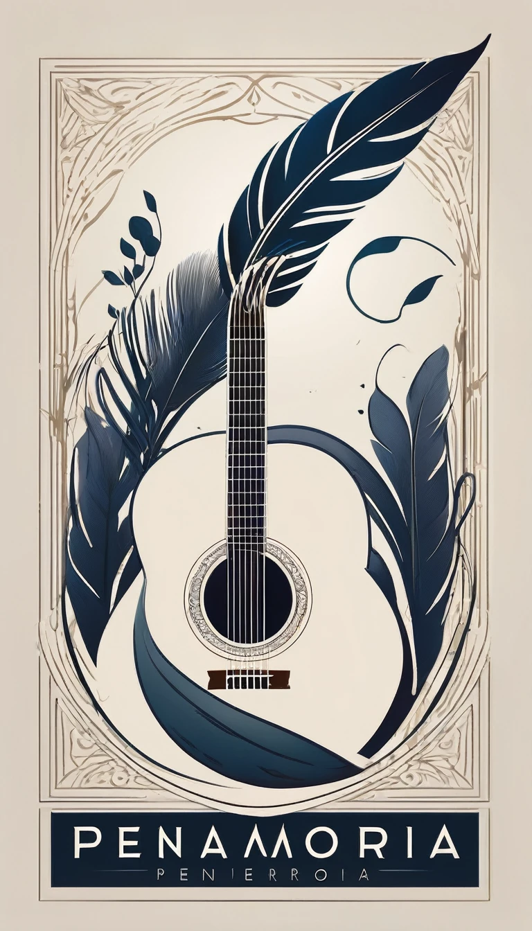 A minimal, modern, simple, cinematic logotype for the brand “Penamemoria". The logo design must be a simple, magical feather and a boy playing acoustic guitar. The logo must convey a sense of music, stories and dreams. Logo design impressed on a book cover. Minimalistic logo
