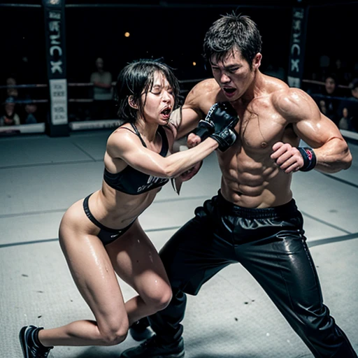 two person. a man and a naked girl is fighting in a octagon ring. a man is punching bloody pretty young japanese girl fighter so hard. she is dominated by him. His fist is against her stomach. Her body is being wildly beaten by him. she is crying and screaming. she has short-cut black hair, shortness of breath, drool from her mouth, closed eye, exhaustion, and sweat soaked. open finger grobe. full body. Muscularity. Six pack abs. Erect nipples.