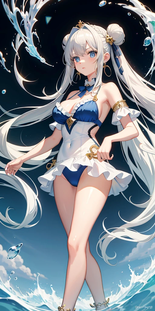 High resolution, masterpiece, Accurate, Highest quality, number々Awards for, High resolutionモデル,
Heavy bangs, Silver Hair, Wet Hair, Half Up, 1 bun, Super long hair,
thin、White skin, Ice blue eyes erfly hair accessory, Crystal Earrings,Gold anklet swimsuit, Bikini with ruffles,
whole body, Character portrait