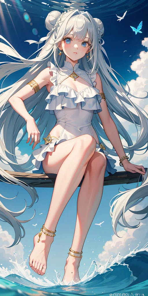 High resolution, masterpiece, Accurate, Highest quality, number々Awards for, High resolutionモデル, 
Heavy bangs, Silver Hair, Wet Hair, Half Up, 1 bun,  Super long hair, 
thin、White skin, Ice blue eyes butterfly hair accessory, Crystal Earrings,Gold anklet swimsuit, Bikini with ruffles,
whole body, Character portrait