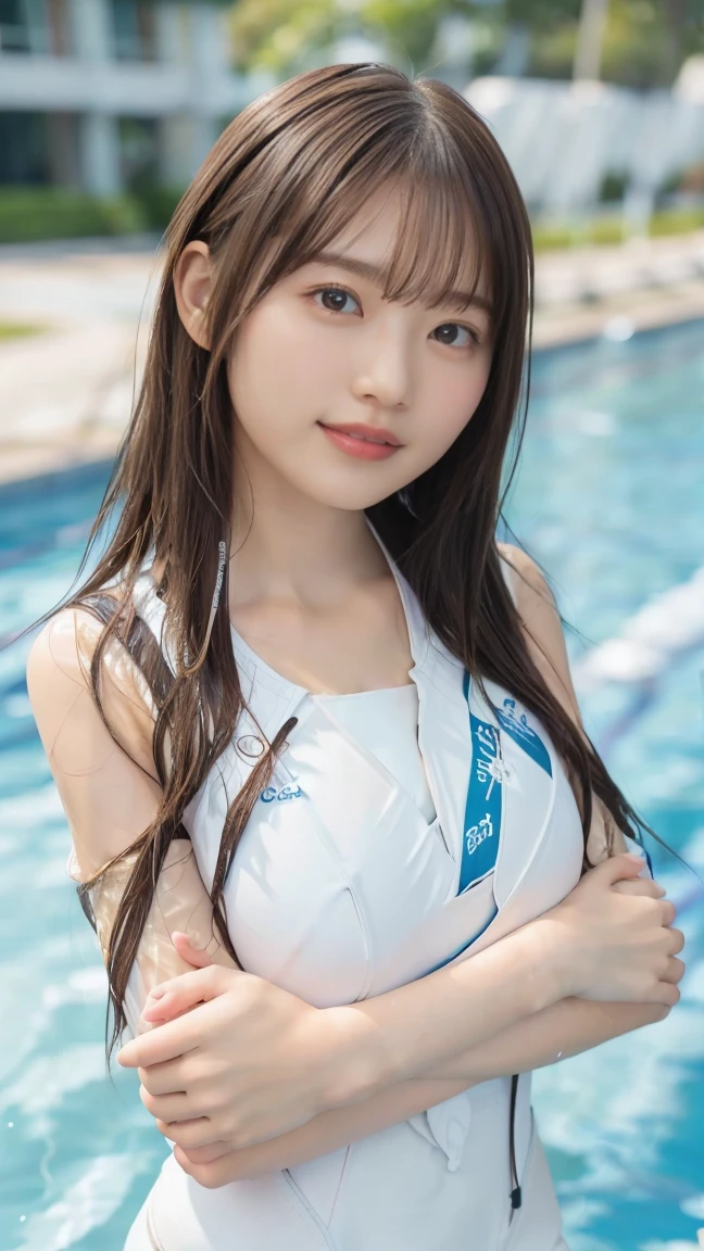 8K resolution, surreal, Super detailed, high quality,perfect anatomy, (girl: 1.1), girl1, beautiful japanese woman,18-year-old, Shinwes,  detailed face, long hair, (huge breasts),(wide hips), (White swimming race suit :1.3), (camel toe), cute, Japanese idol faces, smile,(((fold your arms in front of your chest:1.3)))