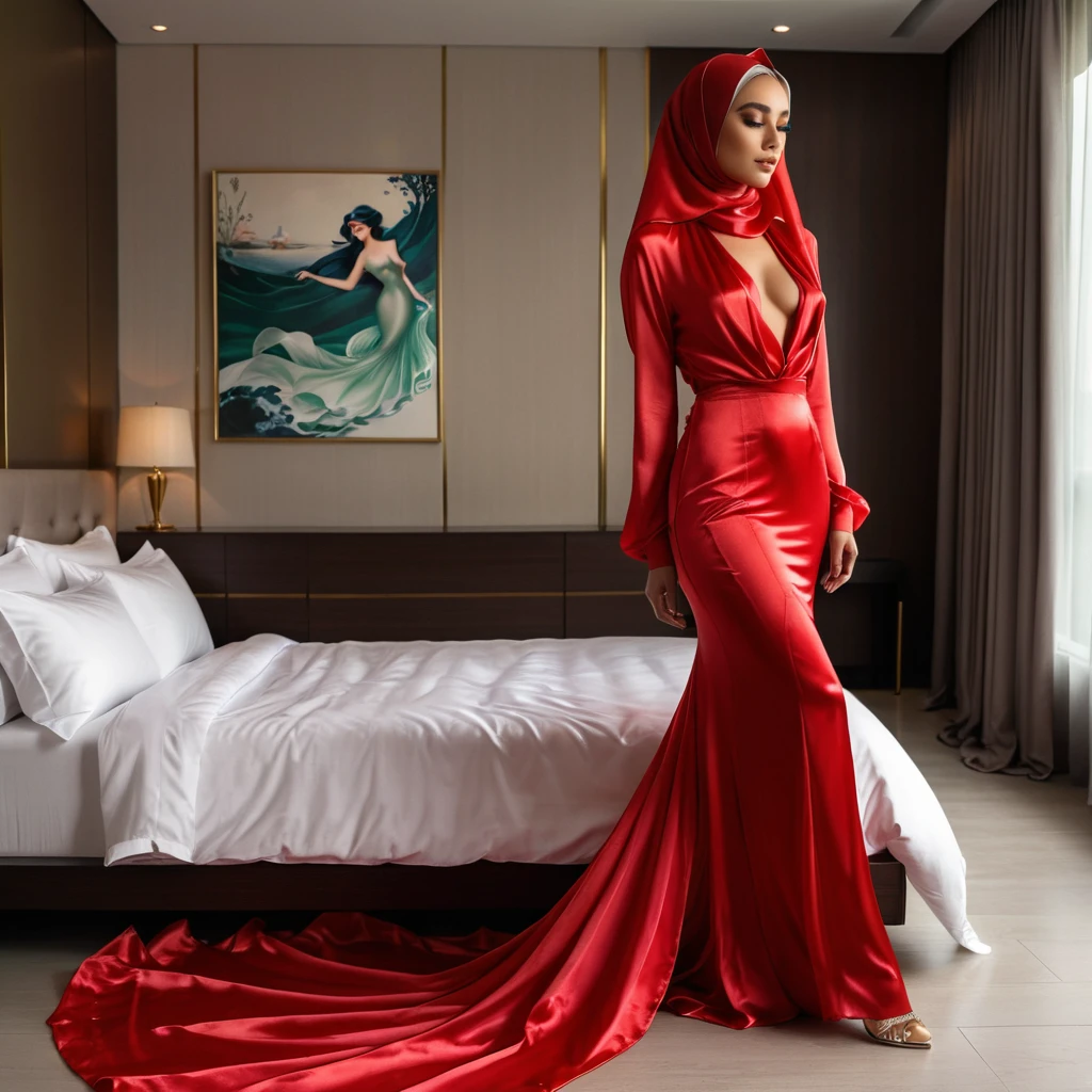 a woman in the translucent silk red gown, tight full body tied, satin sheet, nipple on with nipple piercing, modern satin hijab, full body, long satin,mermaid tight long gown, flowy dramatic long gown, tall women, strugle to walk, wear high heels, satin bed, masterpice