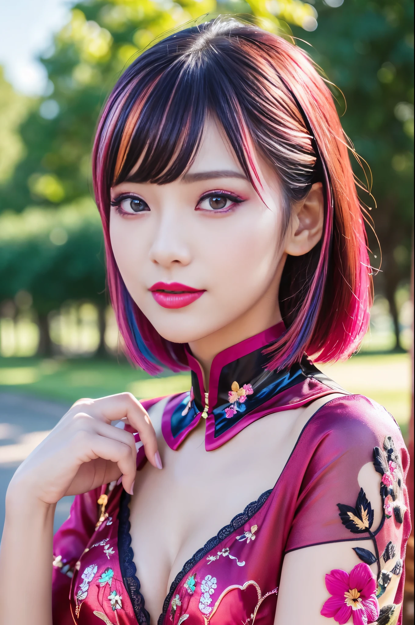 (masterpiece:1.4), (best quality:1.4), ultra high res, ultra high resolution, ((detailed facial features)), HDR, (realistic, photorealistic, photo-realistic:1.37), full body Esbian, sexy Japanese model, (-anime), only 1 model, vivid colors, ((vivid colors multicolor (fuchsia, pink, light blue, purple) very short hair)), (happy smile), lip-gloss, long lashes, ultra detailed metallic makeup, defined eyebrows, wearing a red silk Paradise Kiss cosplay dress with black floral embroidery, ((vivid colors outfit)), vivid colors, look at the camera, cinematic light, large park background with trees, sweet and sexy pose