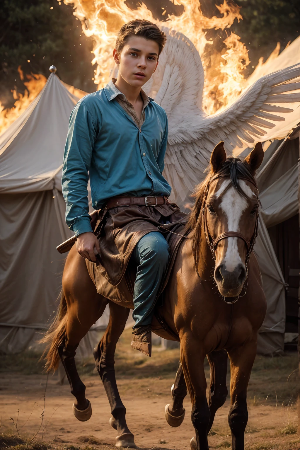 A young male twink, 18 years old, with a cute angel face, with makeup and black hair, wearing a medieval shirt with ties, a v-neck, and long sleeves, aquamarine in color, and white medieval pants. He is on the battlefield, riding on a horse, as if the horse is galloping.  He is carrying his sword and shield in his hand, and behind him are tents burning with flames of fire, and he looks angrily