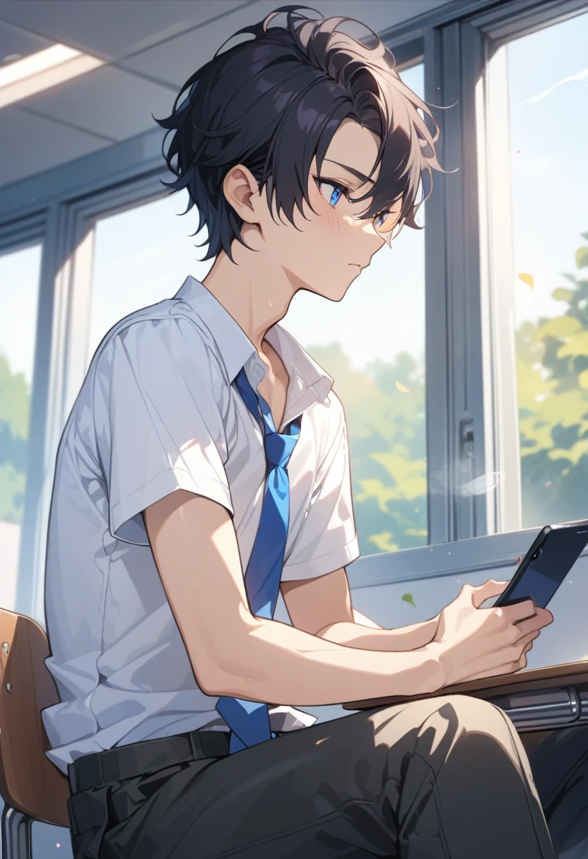 masterpiece, best quality, extremely detailed, ultra detailed, flat anime, 2D, ((1boy)),black hair, (short hair:1.5),blue eyes, height 1.7meters, (circle eyes:1.2), (young adult:1.2), Ear-length sideburns,height 1.7meters, High School Uniforms, white shirt, blue tie, ((short sleeves)), ((long pants)), sitting, closed mouth, thinking, upper body, summer, classroom, 11AM,looking at his smart phone., Operating a smart phone